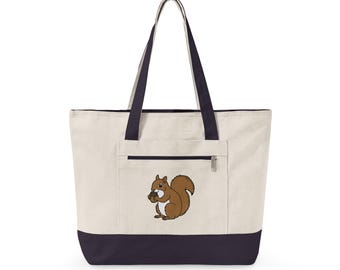 Squirrel with Acorn Zippered Canvas Tote | Woodland Animal Tote