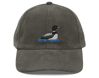 Vintage Corduroy Cap with Loon Embroidered Bird Design – Retro Outdoor Hat, Adjustable Unisex Headwear