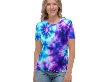 Purple and Blue Tie Dye T-shirt | Women's All Over Print Tee | Stylish Casual Wear