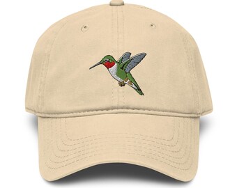 Ruby-Throated Hummingbird Embroidered Garment-Washed Baseball Cap | Birdwatching Hat | Bird Lover Gift