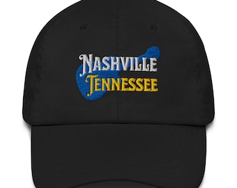 Nashville Tennessee Hat – Blue and Gold Guitar Embroidered Dad Hat | Music City Baseball Cap