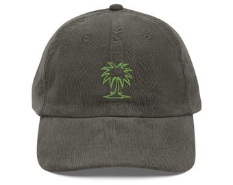Palm Tree Line Art Vintage Corduroy Cap | Embroidered Hat | Beach Aesthetic Style | Summer Fashion Accessory