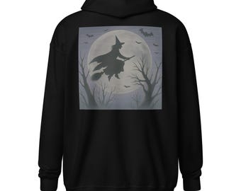 Witch and Moon Zip Hoodie: Spooky Halloween Back Print Sweatshirt