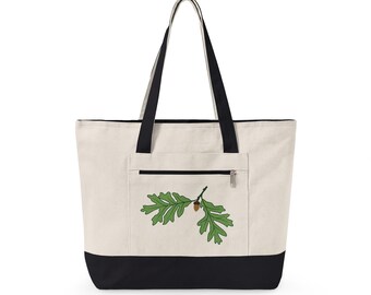 Acorn and Oak Leaves Zippered Canvas Tote Bag