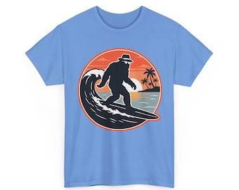 Surfing Bigfoot Vintage Sunset Sasquatch Beach Graphic Unisex Cotton Tee