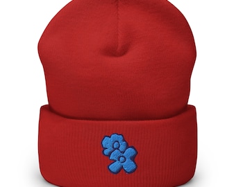 Cuffed Embroidered Beanie Blue Wildflowers