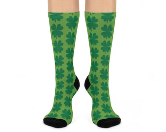 Green Shamrock 4 Leaf Cushioned Crew Socks - St. Patrick's Day Lucky Socks, Irish Clover Footwear, Cozy Clover Print Socks