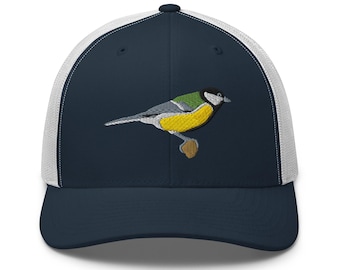 Great Tit Bird Embroidered Trucker Hat – Adjustable Mesh-Back Cap for Birders