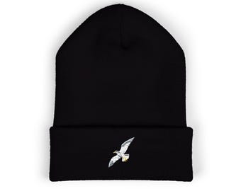 Embroidered Seagull Beanie, Winter Hat, Knit Cap, Coastal Bird Lover Gift