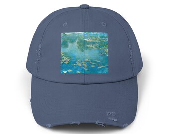 Unisex Distressed Cap Featuring Monet Water Lilies, Painterly Hat, Artist Inspired Headwear