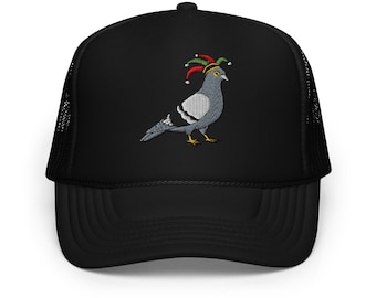 Jester Pigeon Trucker Hat – Funny Embroidered Mesh Cap, Clown Bird Hat, Foam trucker hat, Whimsical Streetwear, Bird Lover Gift
