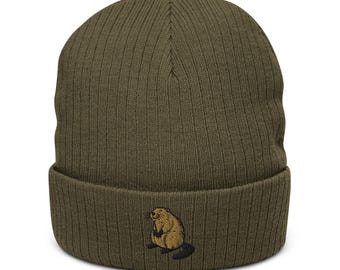 Adorable Beaver Embroidered Animal Ribbed knit beanie