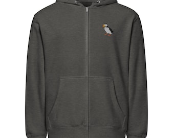 Embroidered Atlantic Puffin Zip Hoodie 8.25oz – Coastal Bird Sweatshirt