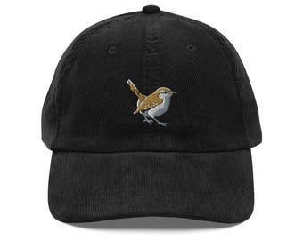 Carolina Wren Embroidered Cap - Adjustable Corduroy Hat, Nature Lover Gift, Casual Outdoor Accessory