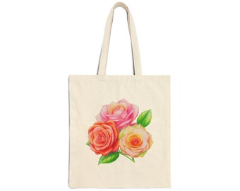 Three Roses Cotton Canvas Tote Bag - Eco-Friendly Floral Shopping, Beach & Everyday Reusable Tote Gift