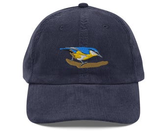 Eurasian Wood Nuthatch Cap | Vintage Corduroy Bird Embroidery Hat | Unique Design for Nature Lovers & Bird Enthusiasts