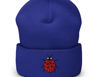 Ladybug Embroidered Cuffed Beanie | Cozy Winter Hat  | Cute Gift Idea for Nature Lovers