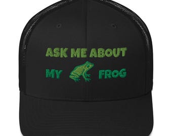 Ask Me About My Frog Trucker Hat – Funny Frog Lover Mesh Back Cap – Amphibian Owner Gift, Novelty Animal Hat for Reptile and Nature Fans