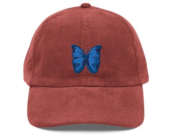 Blue Butterfly Embroidered Vintage Corduroy Cap, Cute Butterfly Hat, Adjustable & Stylish Gift