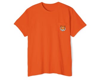 Tiger Face T-Shirt, Jungle Wildlife Tee, Animal Lover Shirt, Nature Theme Top, Printed Cotton Pocket Tee