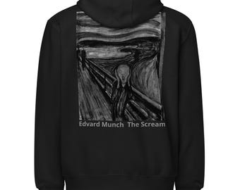 Black and White The Scream Full Zip Hoodie, Grayscale Munch Art, DTG Back Print Hoodie