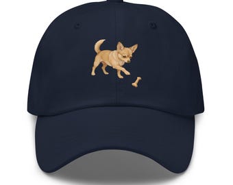 Playful Chihuahua with Bone Toy Dad hat