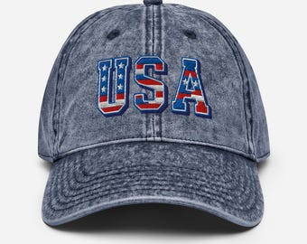Embroidered USA Cap – Vintage American Flag Letters – Patriotic 4th of July Vintage Cotton Twill Cap