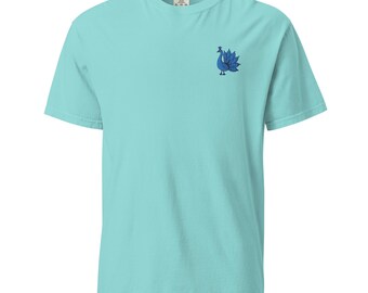 Joyful Blue Peacock Embroidered Unisex Heavyweight T-Shirt - Garment-Dyed, Unique Art Tee for Casual Wear & Gifts
