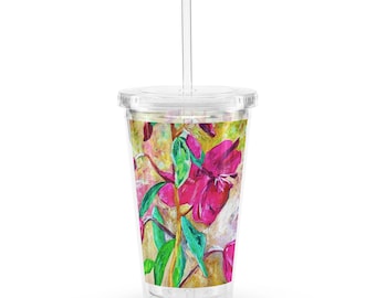 Painted Flowers Clear Plastic Tumbler With Lid and Straw - Reusable Drinkware, Floral Travel Cup, Eco-Friendly Gift