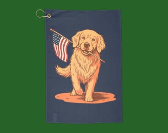 Toalla de golf con diseño de Golden Retriever y la bandera de EE. UU.