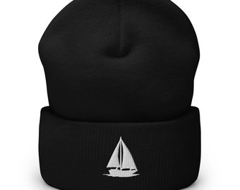 Sailboat Embroidered Cuffed Beanie - Nautical Winter Hat, Warm Sailor Knit Cap, Perfect Gift for Marine Enthusiasts
