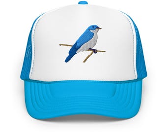 Blue Bird Embroidered Foam Trucker Hat - Adjustable Mesh Cap, Casual Outdoor Style, Lightweight Breathable Snapback