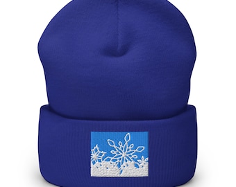 Cuffed Beanie Embroidered Christmas Winter Snowflakes Art Design Adult One Size Unisex
