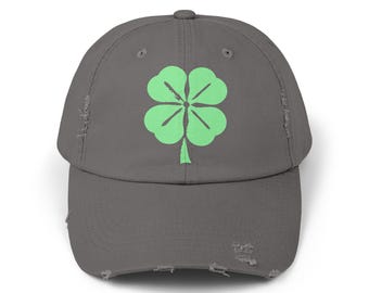 Minimalist Four Leaf Clover Cap, Lucky Distressed Hat, St. Patrick's Day Baseball Cap, Irish Shamrock Headwear, Green Clover Cap
