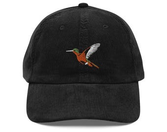 Cinnamon Hummingbird Embroidered Vintage Corduroy Cap: Unique & Stylish Hat for Nature Lovers
