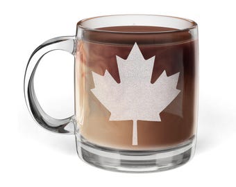Engraved Canada Maple Leaf Glass Coffee Mug, 12.25oz (Engraving)