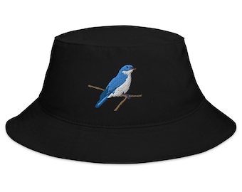 Unique Blue Bird Embroidered Bucket Hat for Nature Lovers and Bird Hat Fashion Enthusiasts