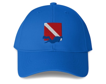 SCUBA Diver and Flag Embroidered Structured 6-Panel Adjustable Baseball Cap