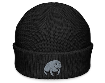 Manatee Embroidered Fisherman Beanie | Cozy Knit Hat for Nature Lovers | Cute Gift Idea for Animal Enthusiasts & Fishermen
