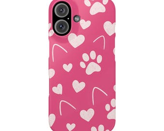Paw Prints & Hearts Pattern - Cute Pink Cat Lover Design Slim Phone Cases for iPhone 7-16