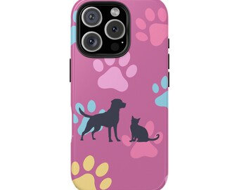 Pink Cat And Dog Lover Tough Phone Cases, Pet Owner Phone Covers, Animal Print Phone Accessories, Cute Kitty and Puppy Phone Case