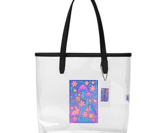 Chillwave Mushroom Clear Tote Bag – Forest with Bunny and Bird,  Cute Naturecore Shopper Clear tote bag 12″ × 6″ × 12″