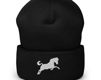 White Horse Embroidered Cuffed Beanie - Cozy Winter Hat, Stylish Animal Design, Warm & Comfortable Unisex Headwear