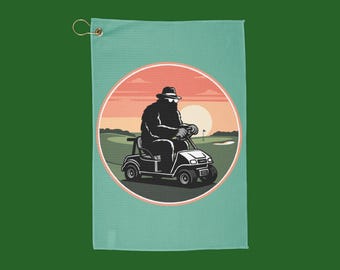 Bigfoot Cruisin in a Cart Golf Towel | Vintage Sunset Golfer