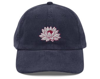 White and Pink Lotus Flower Embroidered Vintage corduroy cap