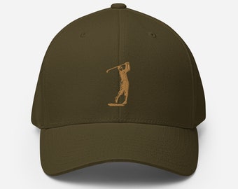 Golfer Swinging Embroidered Cap - Fitted, Structured Twill, Closed Back Hat for Golf Lovers