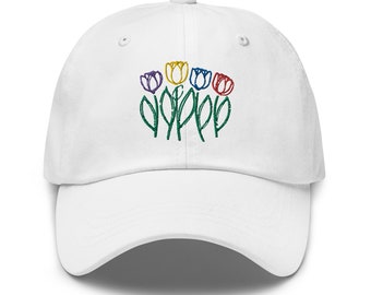 Embroidered Tulip Dad Hat - Purple, Yellow, Blue, Red Flowers - Trendy Floral Cap - Colorful Hat