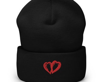 Two Hearts Embroidered Cuffed Beanie