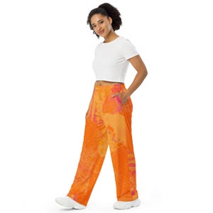 Orange Abstract Wide Leg Pants: Boho Festival Lounge Trousers