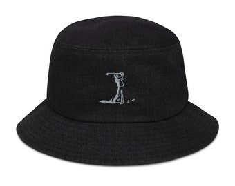 Golfer Embroidered Denim Bucket Hat - Custom Golf Hat, Casual Outdoor Cap, Vintage Style Golf Gift, Men’s & Women’s Fashion